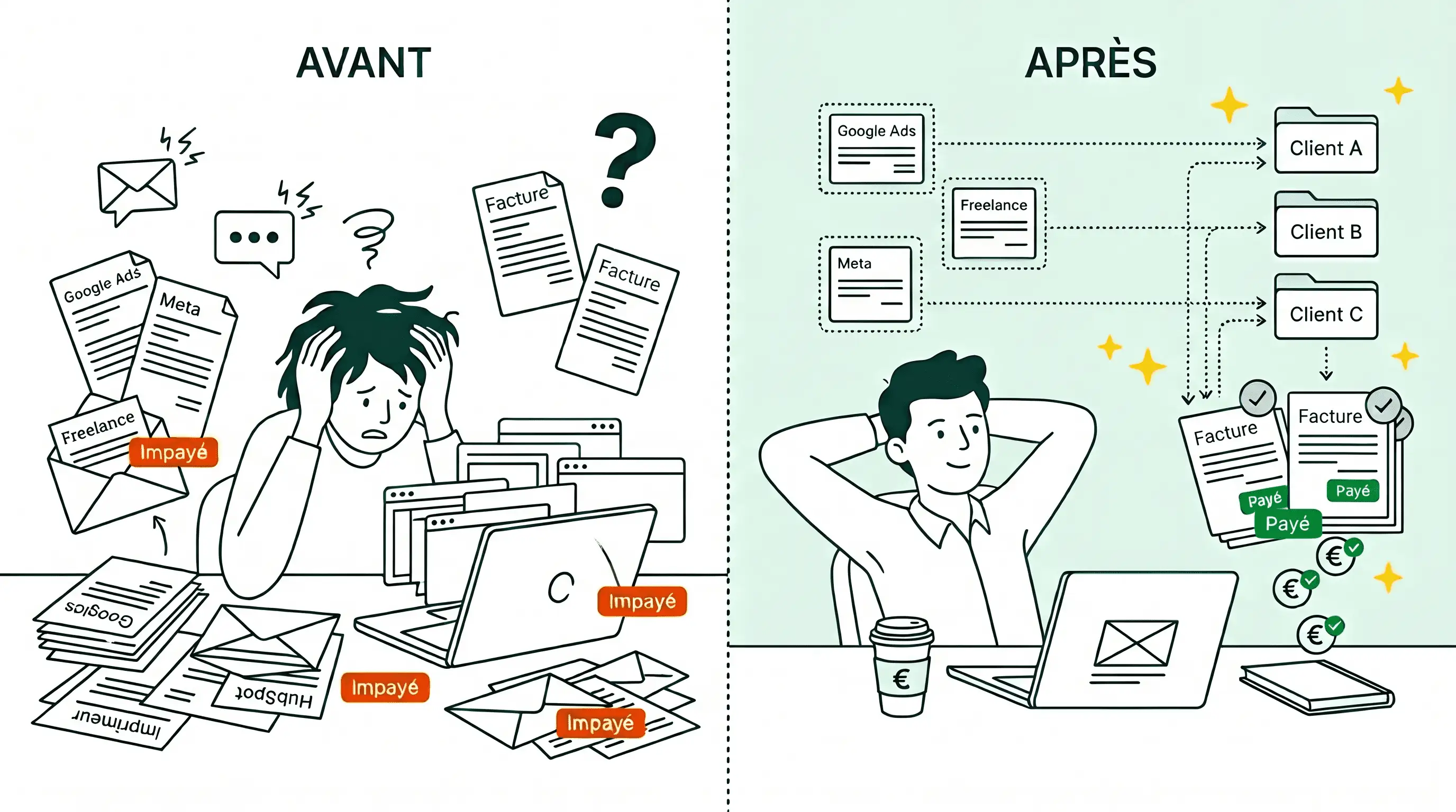 Avant/après d'une agence marketing : à gauche un fondateur stressé noyé sous les factures fournisseurs, à droite les factures sont rattachées à chaque client et les paiements rentrent
