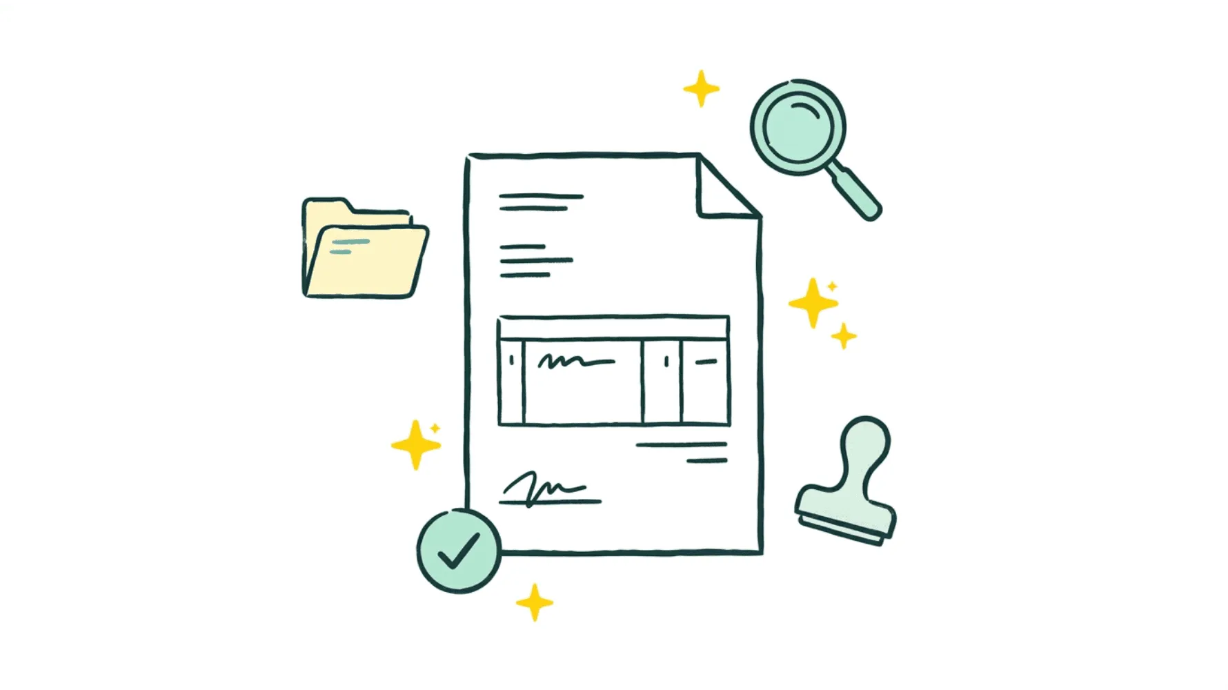 Illustration d'une facture fournisseur entourée d'icônes représentant les étapes du traitement automatisé : vérification, validation, classement