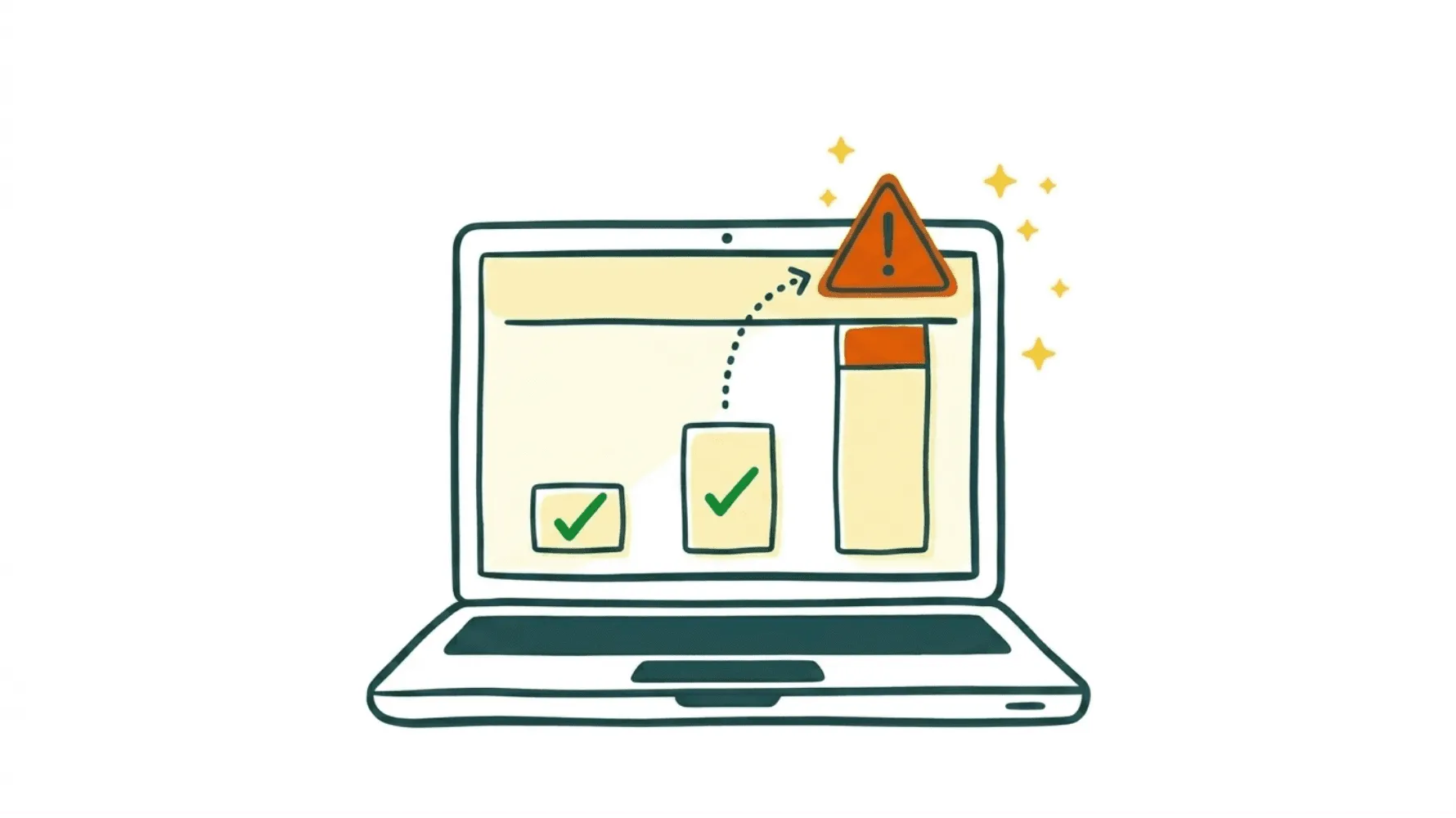 Écran d'ordinateur portable affichant un graphique en barres avec deux barres validées par des checkmarks verts et une troisième barre qui atteint un plafond signalé par un triangle d'alerte orange, symbolisant les limites de l'automatisation des factures dans QuickBooks