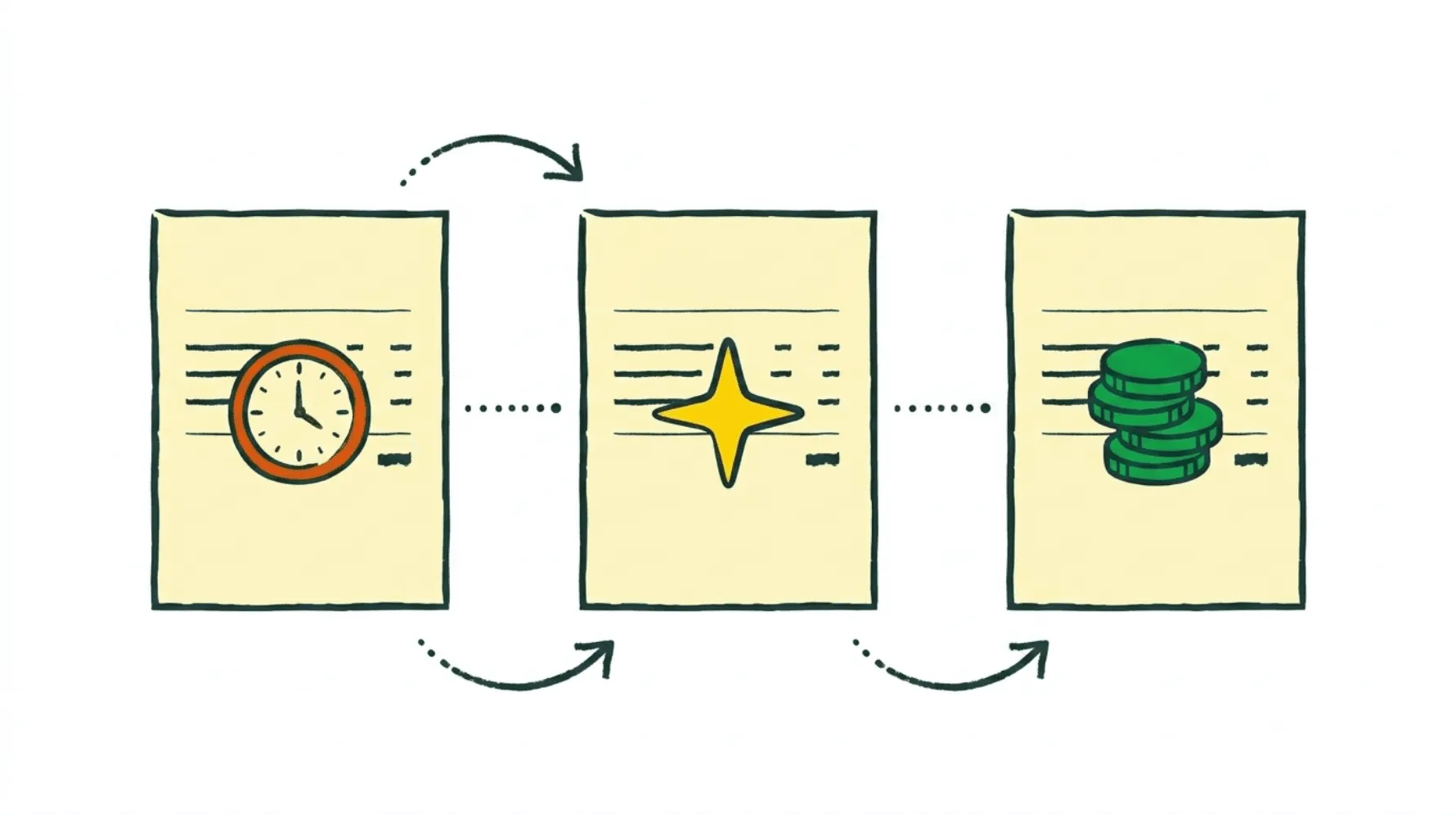 Trois factures alignées avec des icônes de progression : horloge rouge (en retard), horloge orange (relance), pièce verte (payé), symbolisant le cycle de relance client