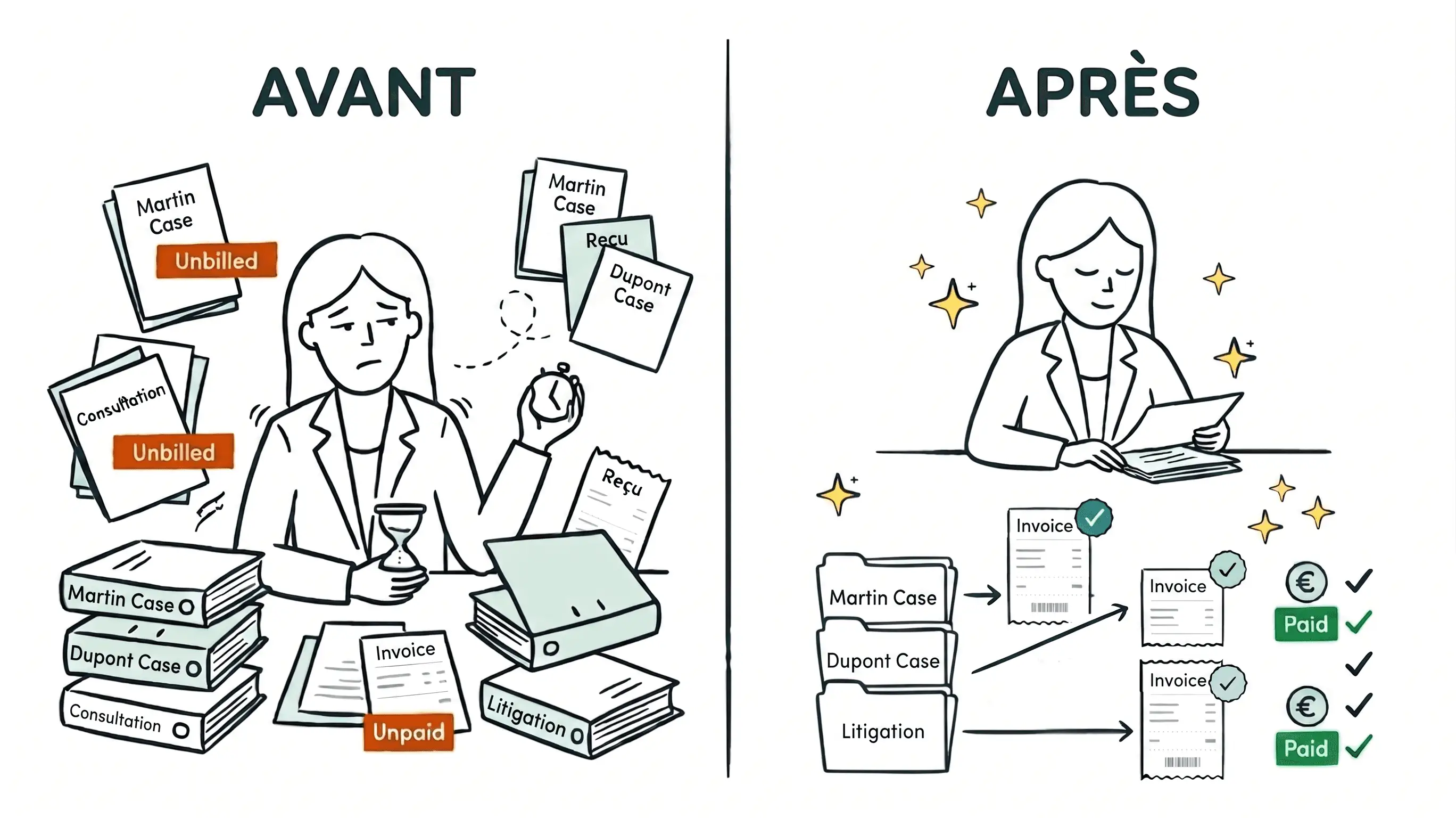 Before and after for a law firm: on the left a lawyer overwhelmed with unbilled cases and unpaid invoices, on the right every case is billed and clients have paid