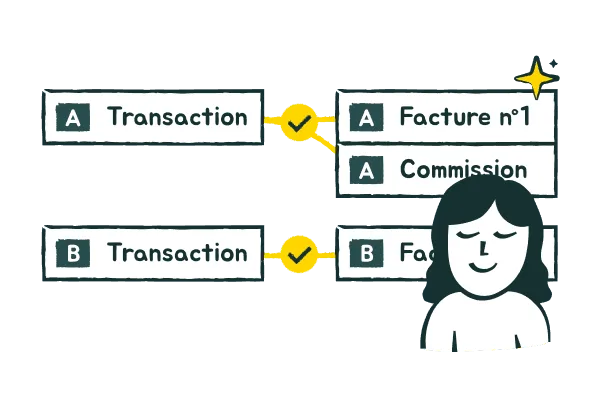 Accounting preparation illustration: bank transactions matched with corresponding invoices
