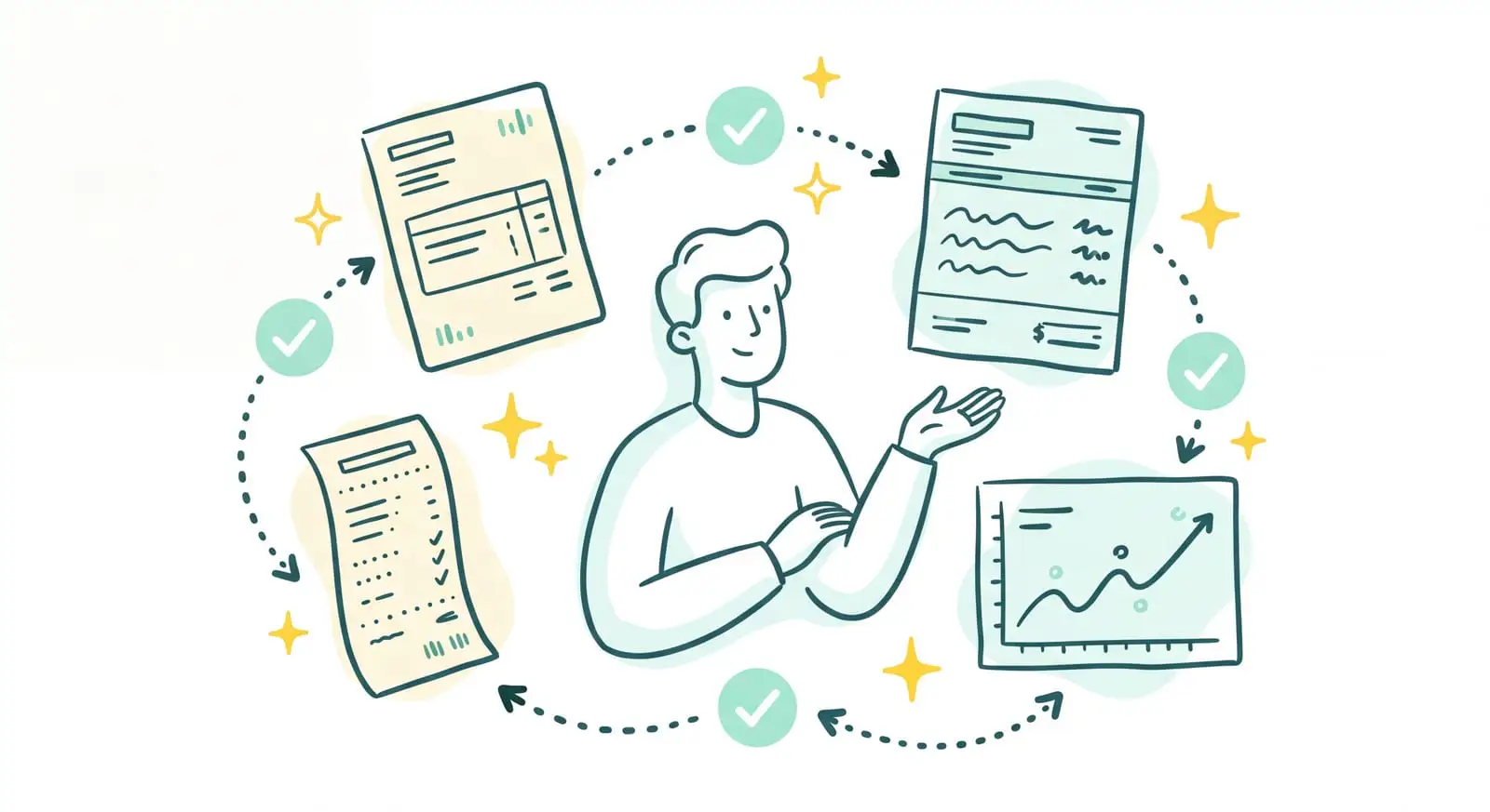 Illustration de la gestion financière d'un cabinet de conseil automatisée par l'IA : factures, relevés et suivi de rentabilité