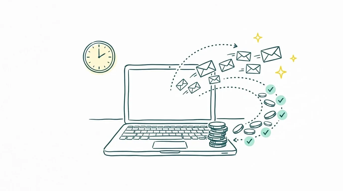 Ordinateur portable qui envoie des e-mails de relance et reçoit en retour des pièces validées par des coches vertes, à côté d'une horloge, symbolisant des paiements encaissés à temps