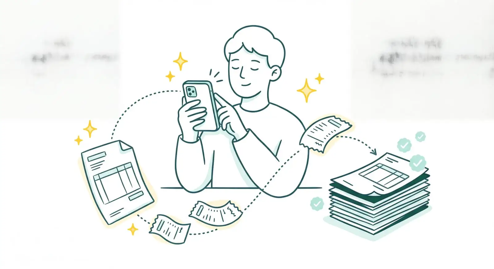 Une personne photographie une facture avec son téléphone, les pièces captées rejoignant une comptabilité bien rangée