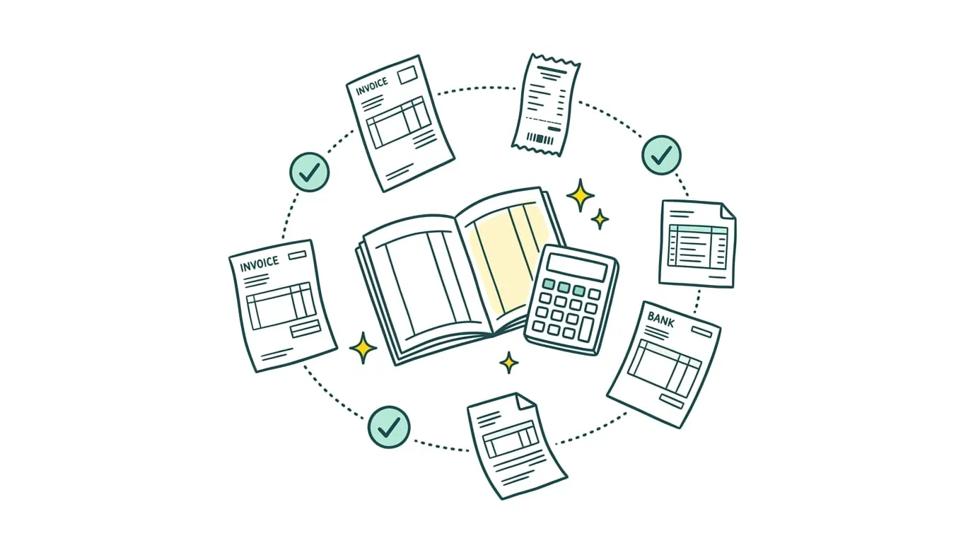 Registre comptable ouvert et calculatrice, entourés d'un cercle de factures, de tickets, de relevés bancaires et de tableaux validés par des coches vertes