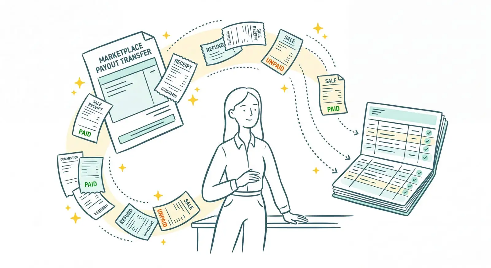 Illustration of the Back Market integration: a marketplace payout broken down into sales, refunds, and commissions reconciled automatically