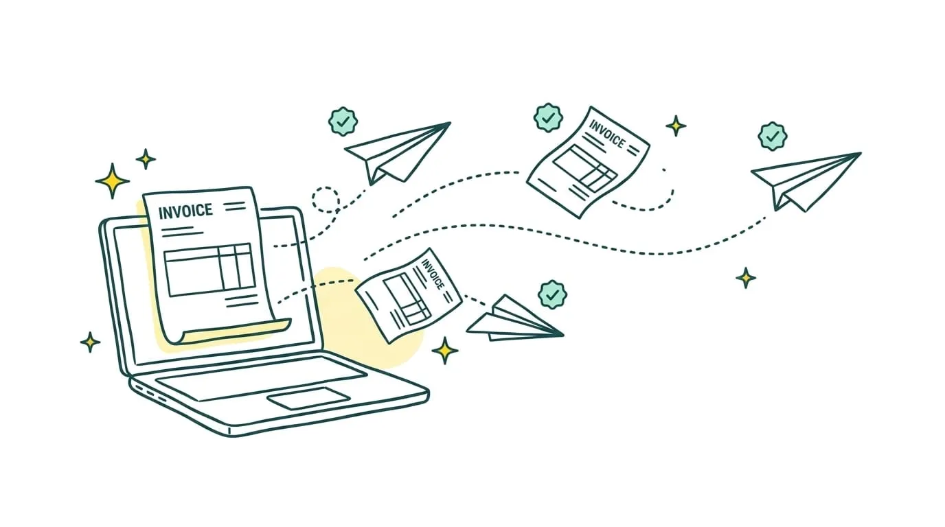 Invoice coming out of a laptop while other invoices and paper planes fly off with approval badges, symbolizing customer invoices being sent