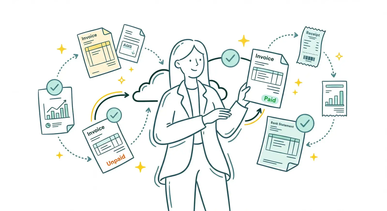 Gestion financière des services B2B : factures clients, recouvrement et rapprochement bancaire automatisés autour d'une consultante sereine