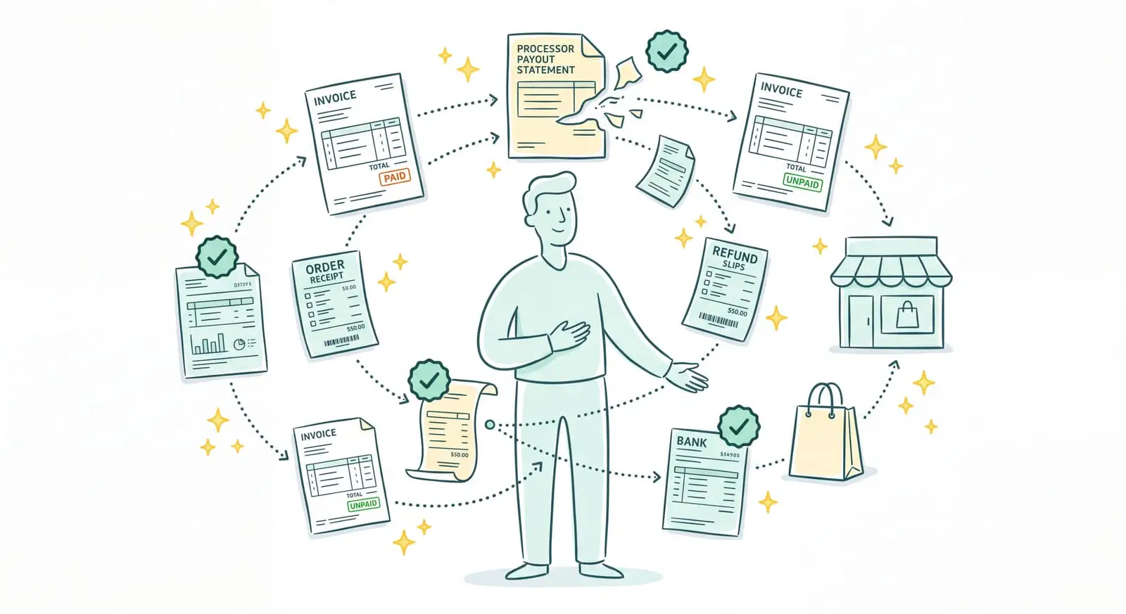 Gestion financière e-commerce : un virement processeur décomposé en factures, commandes et remboursements rapprochés automatiquement