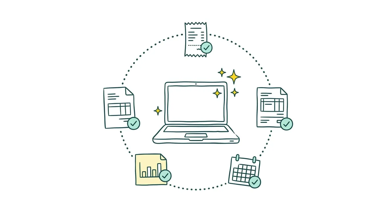 Ordinateur portable entouré d'un cercle de documents validés (ticket, factures, graphique et calendrier), représentant les tâches financières prises en charge par un assistant virtuel