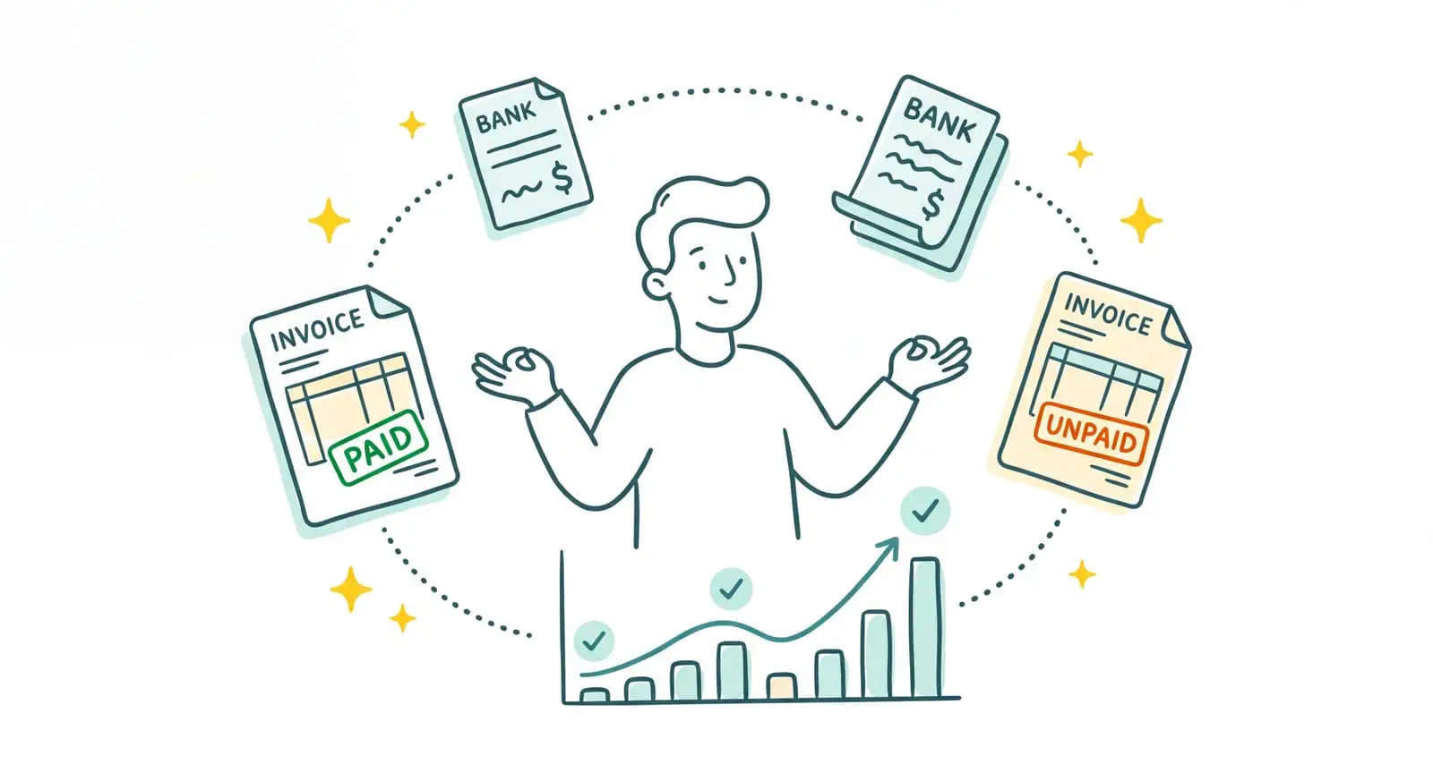 Cash flow management for a small business: invoices, bank statements, and a real-time balance curve