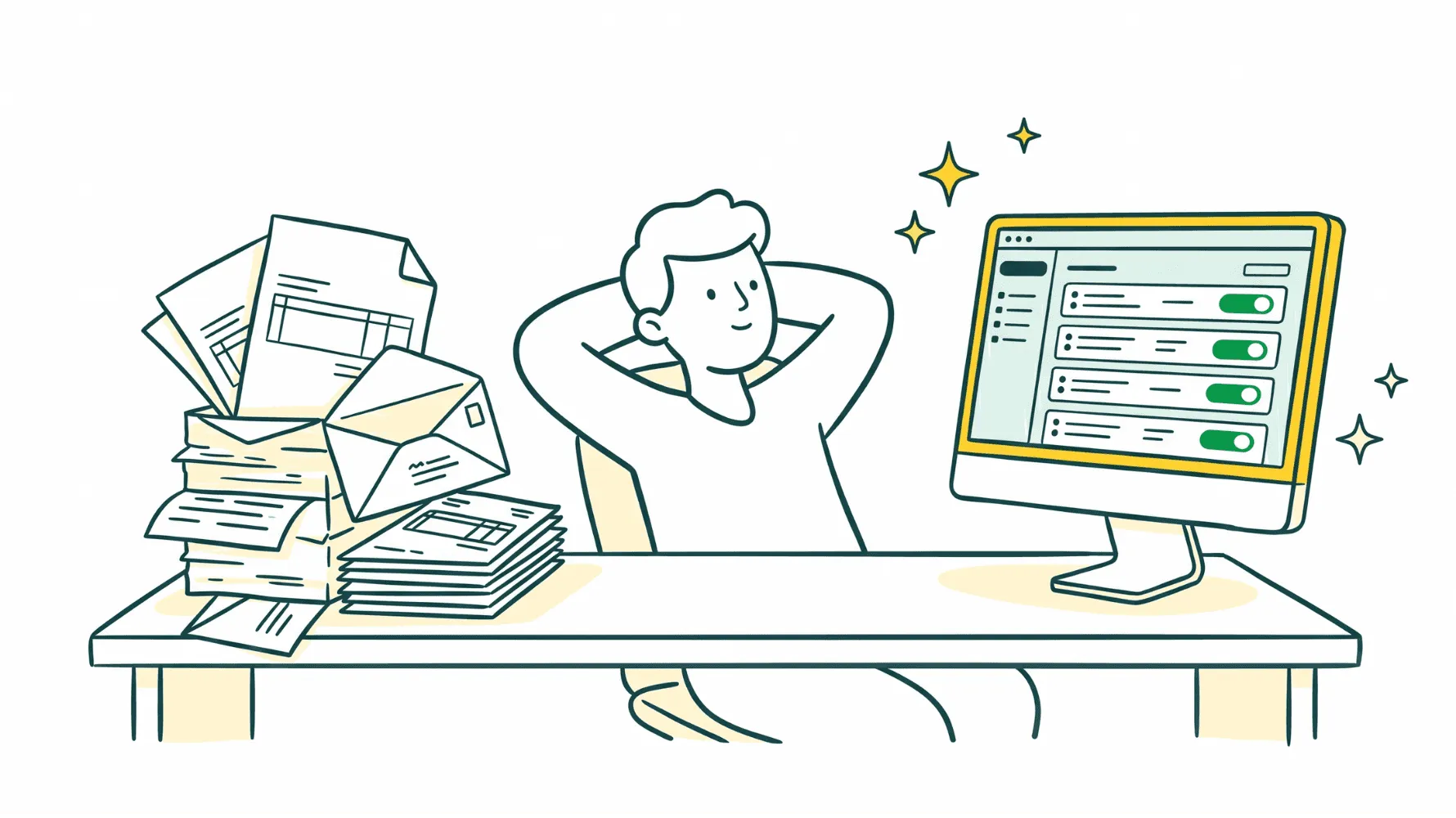 Illustration ligne claire : à gauche d'un bureau, une pile désordonnée de factures, enveloppes et documents ; à droite, un écran affichant un tableau de bord ordonné avec des indicateurs verts ; au centre, un personnage détendu, mains derrière la tête, qui observe l'écran sereinement
