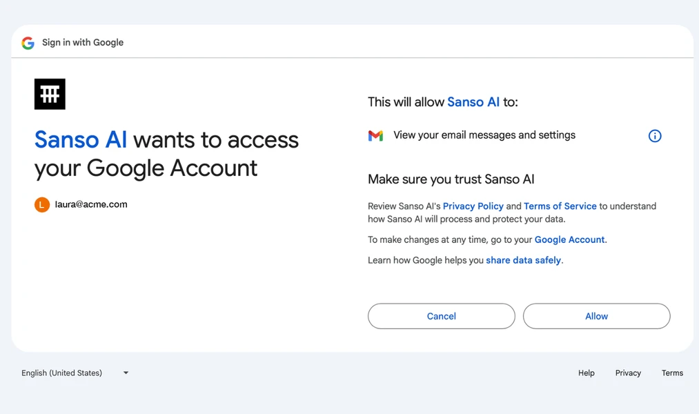 Écran d'autorisation Google : Sanso AI demande à consulter les e-mails