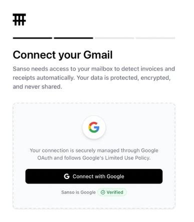 Sanso Gmail connection screen with the Connect with Google button