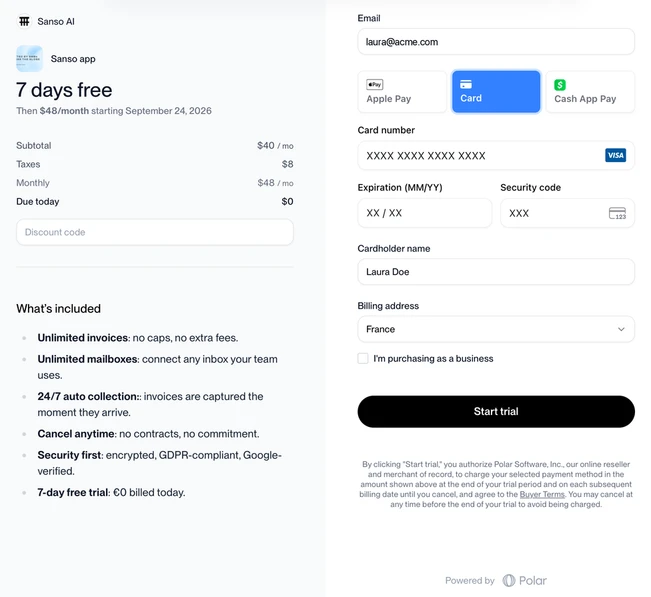 Page de paiement Polar pour l'essai gratuit de 7 jours de Sanso, avec le formulaire de carte bancaire