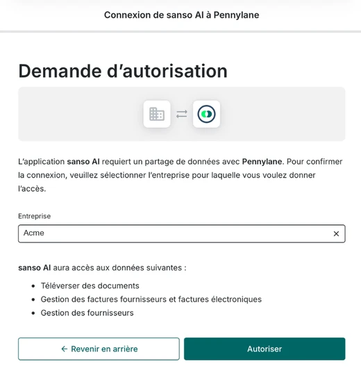 Écran Pennylane de demande d'autorisation avec la sélection de la société