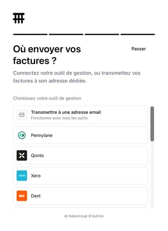 Écran Sanso de choix de l'outil de destination des factures, dont Pennylane