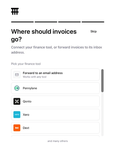 Sanso screen for choosing where invoices go, including Pennylane
