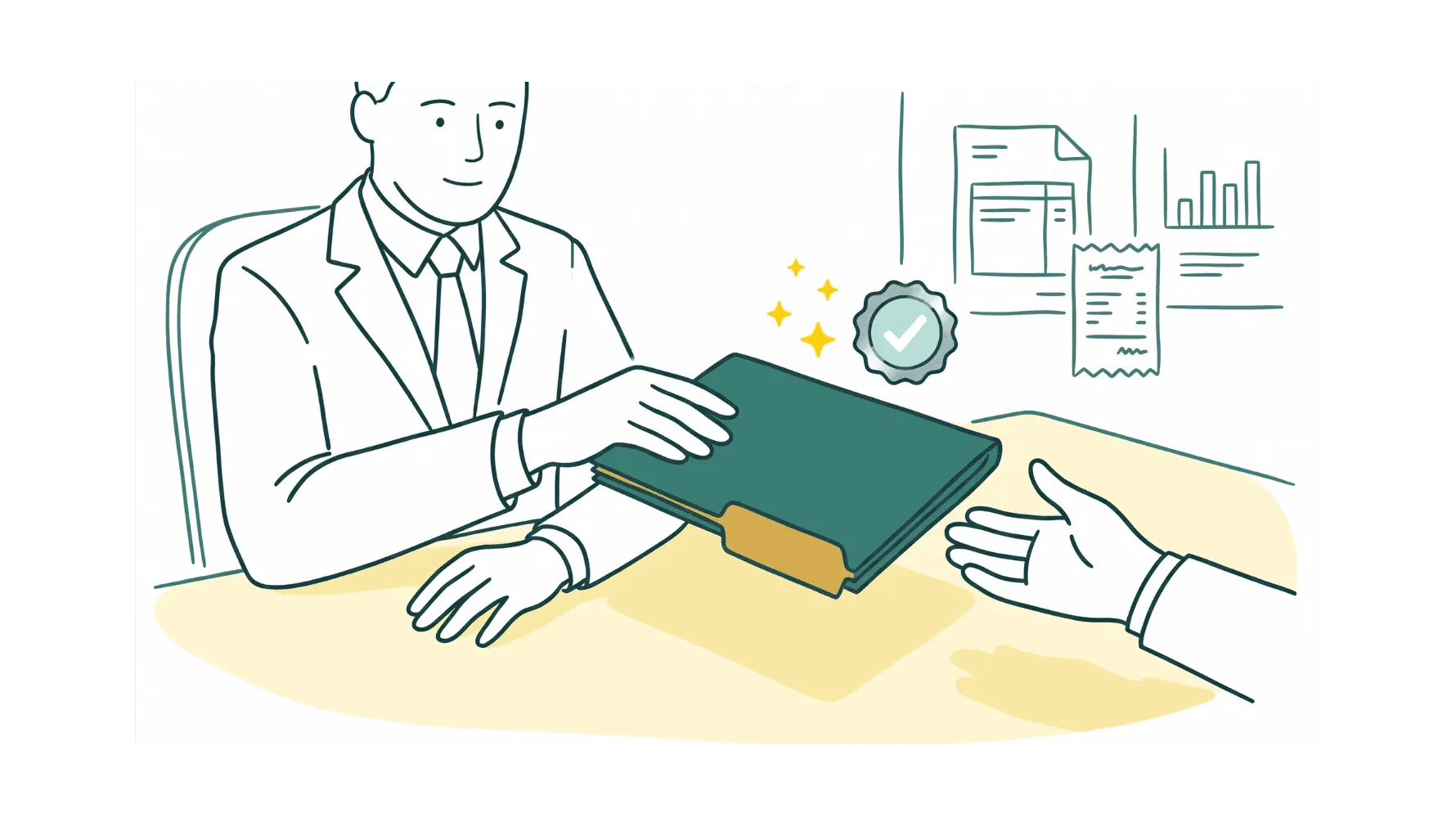 Illustration ligne claire : un dirigeant en costume tend un dossier vert à un interlocuteur de confiance par-dessus un bureau, avec un badge de validation et des documents financiers en arrière-plan
