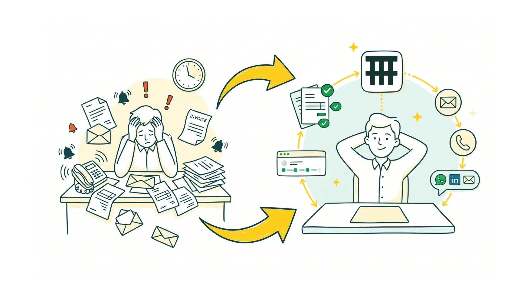 Before and after illustration of accounts receivable outsourcing: on the left a stressed founder buried under invoices, envelopes, ringing phone and exclamation marks, on the right the same person relaxed with organized invoices showing green checkmarks, a payment tracker and channel icons (LinkedIn, WhatsApp, phone, email) flowing smoothly around them