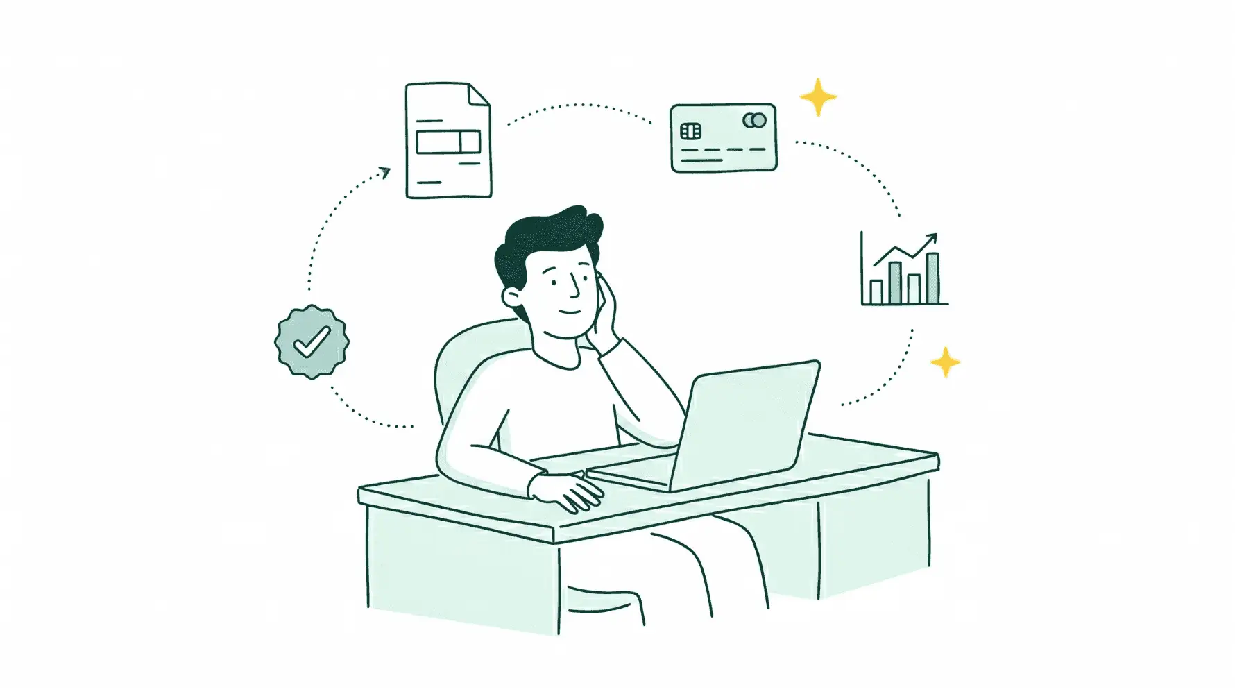 Minimal illustration of a relaxed business owner at a desk with a laptop, surrounded by four floating icons connected by dotted lines: a document, a bank card, a bar chart, and a checkmark