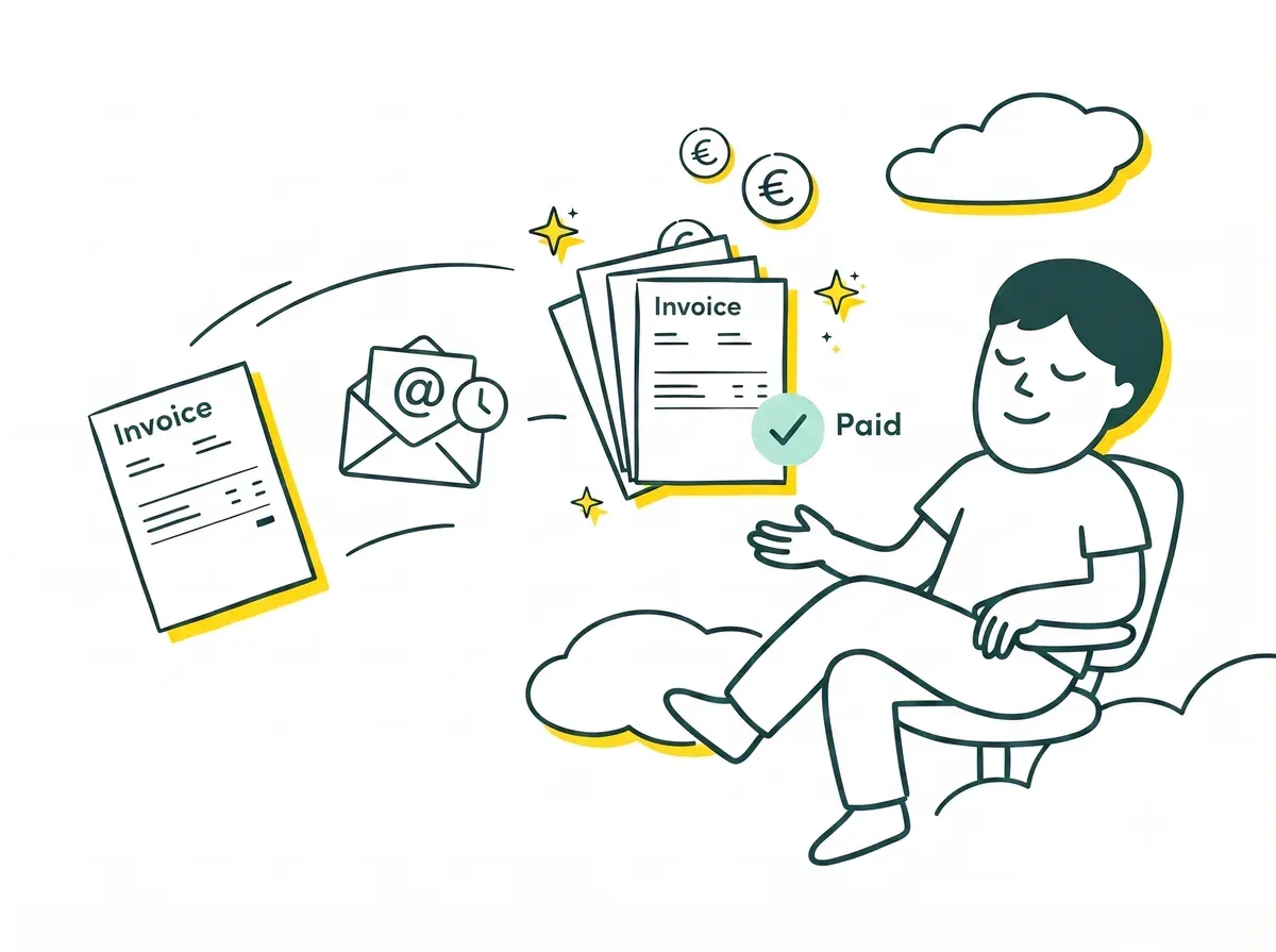 Invoices chased by email, then marked paid, while a business owner relaxes.
