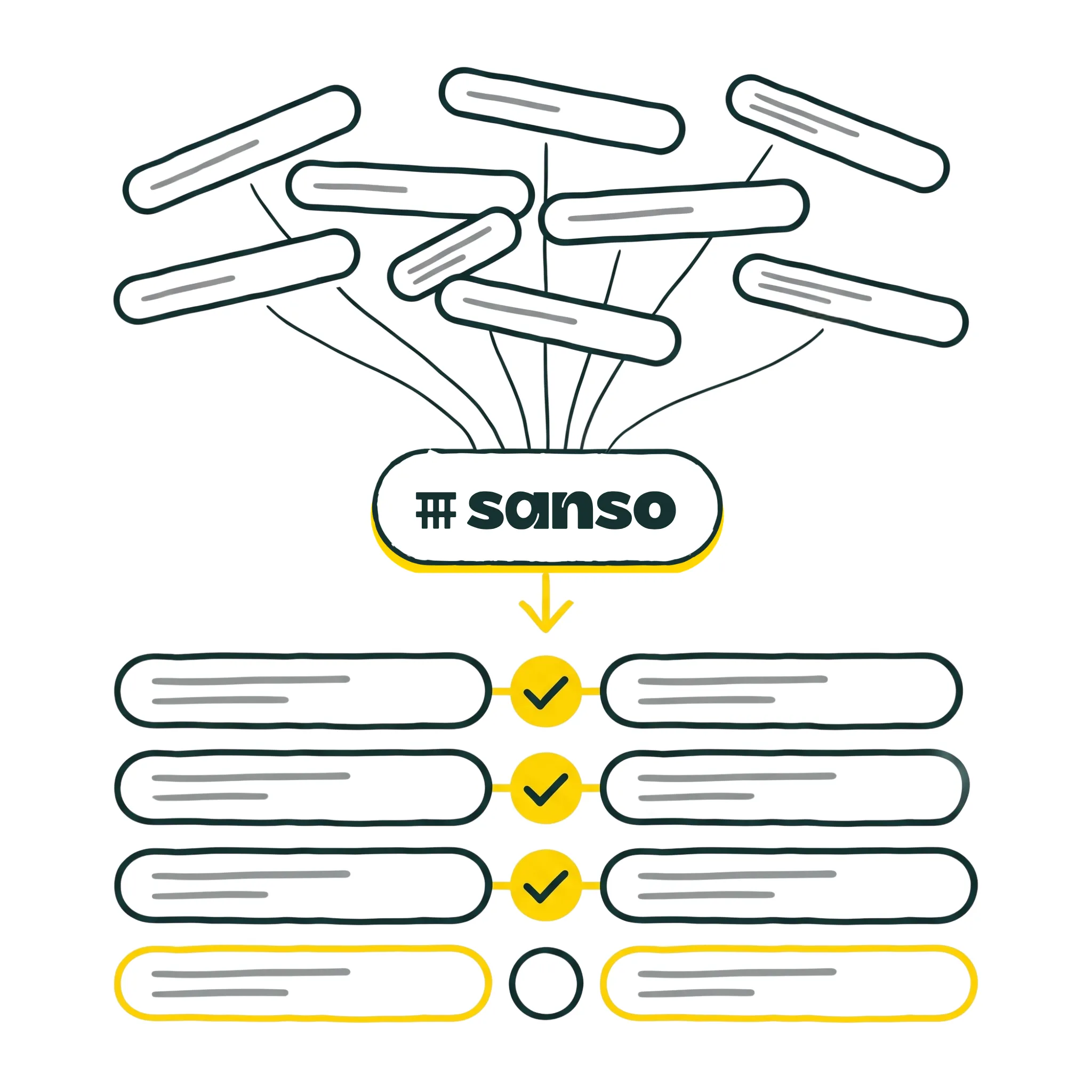 Des mouvements bancaires épars entrent dans Sanso et en ressortent appariés à leur facture, sauf un cas laissé en attente.