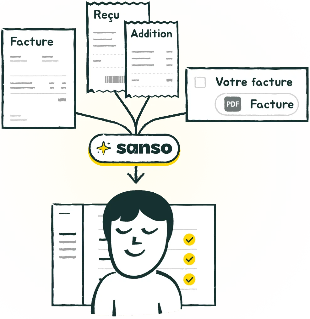 Illustration of a relaxed business owner in front of a Sanso dashboard showing automatically completed tasks, symbolizing automated invoice collection
