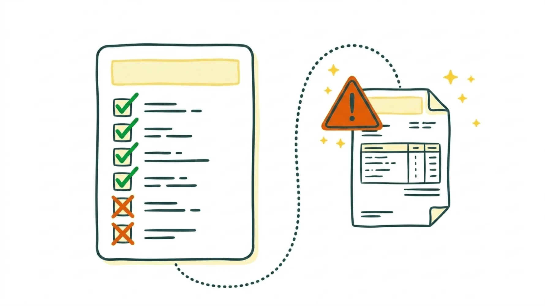 Liste de vérification avec des éléments cochés en vert et deux éléments marqués d'une croix rouge, reliée par une flèche pointillée à un document avec un triangle d'alerte orange, symbolisant les limites de QuickBooks en comptabilité fournisseurs