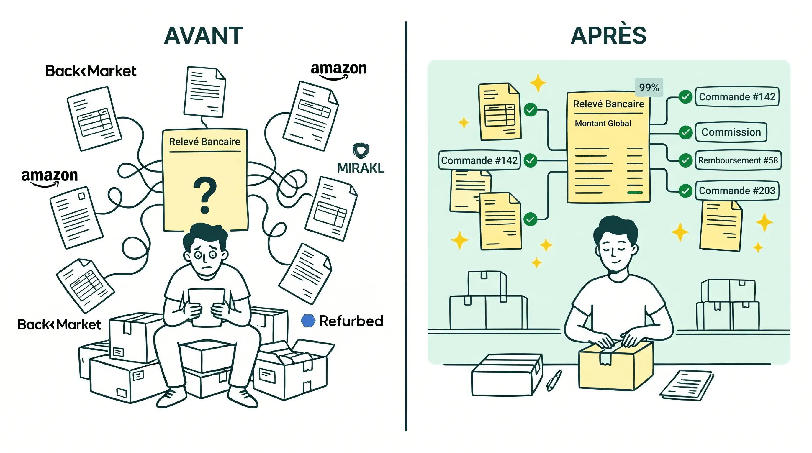 Before and after for a marketplace seller: on the left a seller confused by an opaque bank statement mixing multiple platforms, on the right every order, commission and refund is identified and matched at 99%