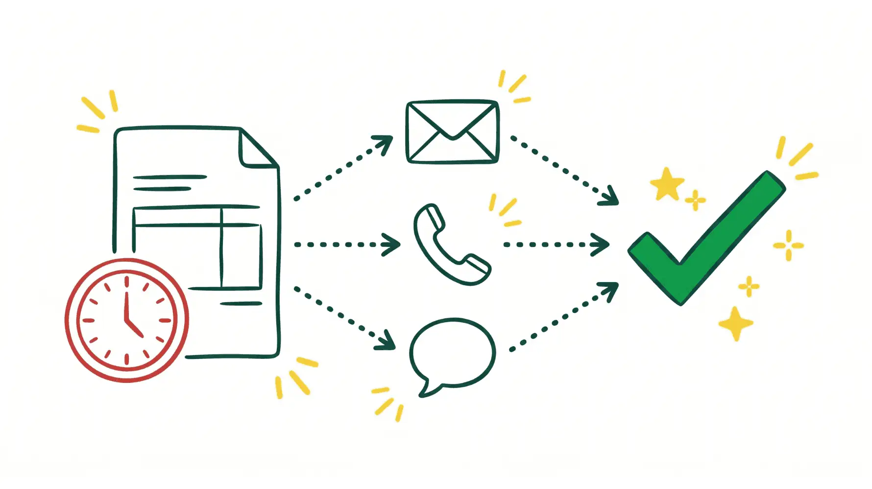 Illustration minimaliste d'une facture en retard avec une icône d'horloge, reliée par des flèches à plusieurs canaux de relance (email, téléphone, message) convergeant vers une coche verte de paiement