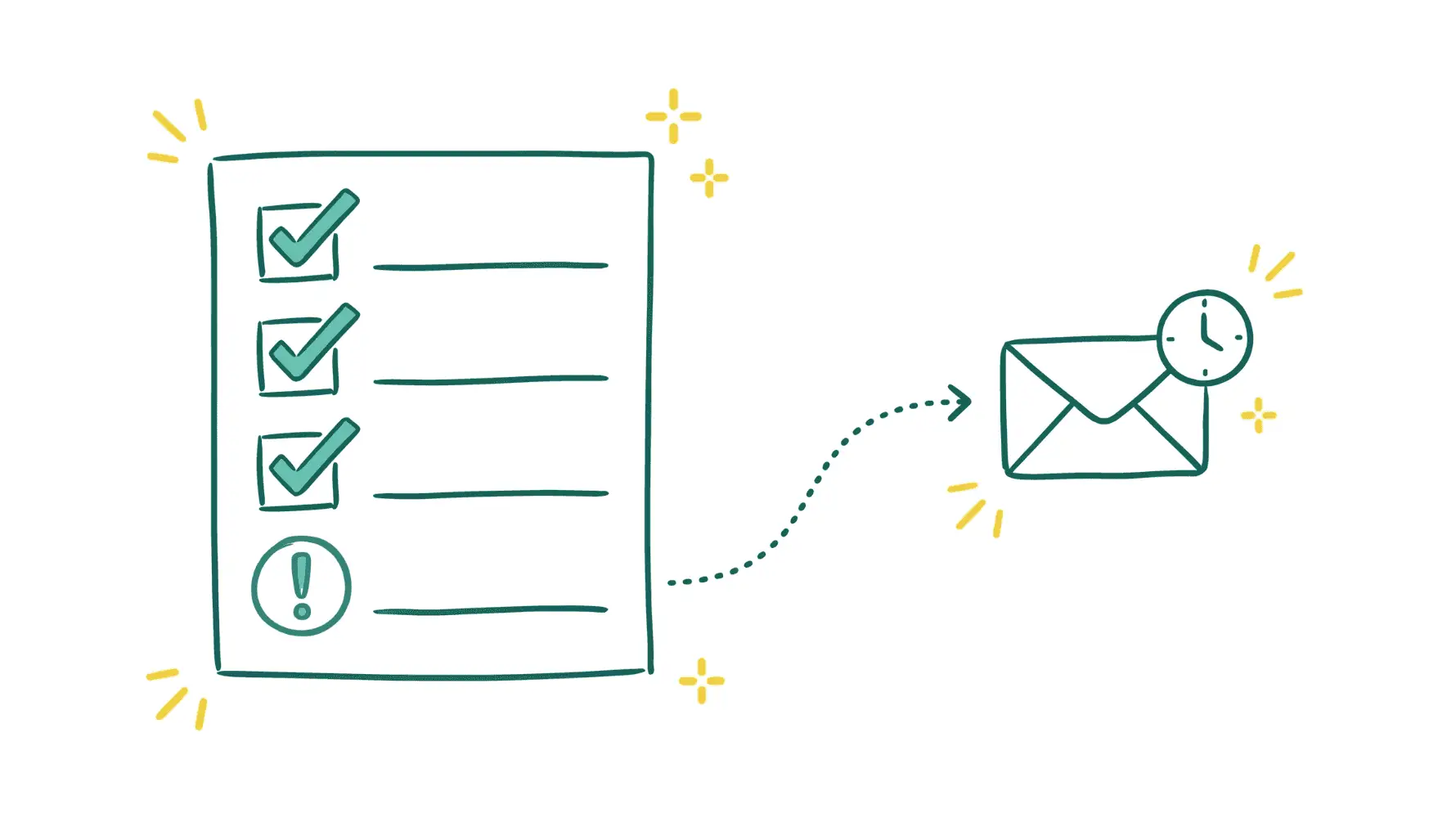 Illustration minimaliste d'une checklist avec des lignes de factures, certaines cochées et une signalée par une icône d'alerte avec une flèche sortante représentant la relance automatique