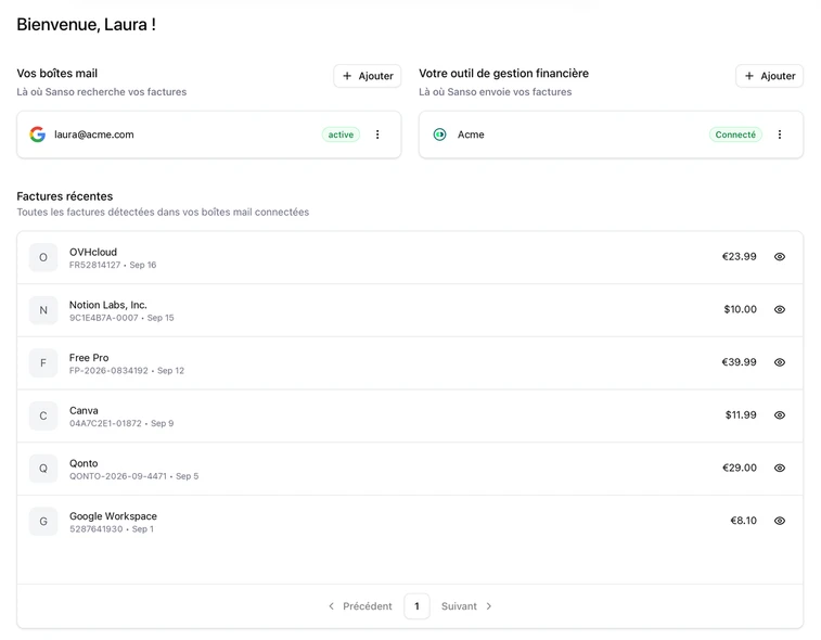 Tableau de bord Sanso avec la boîte mail connectée, Pennylane connecté et les factures récentes