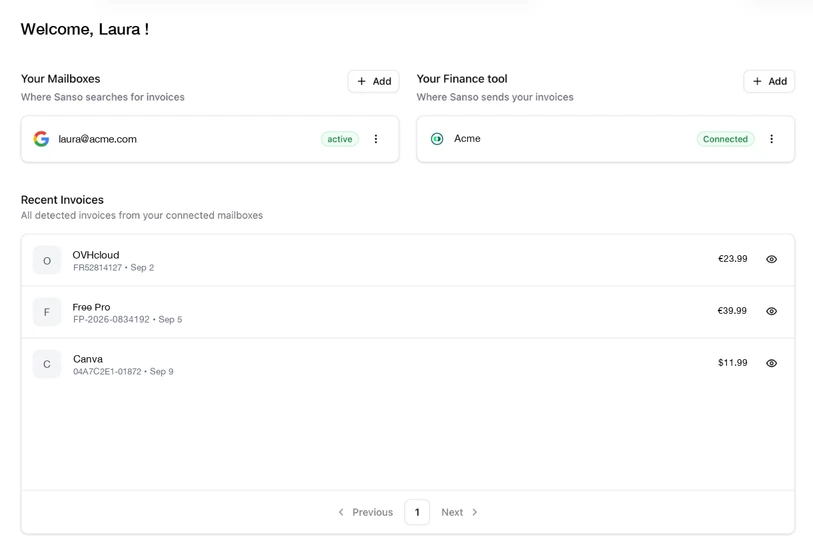 Sanso dashboard with the connected mailbox, Pennylane connected and recent invoices